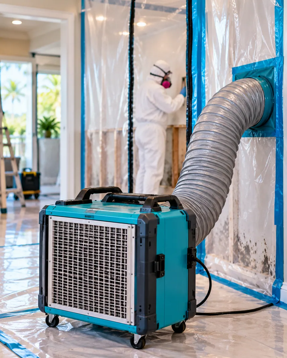 HEPA air scrubber and poly containment set up for mold remediation in Jupiter